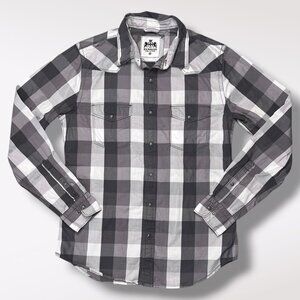 Express Men’s Gray White Plaid Snap Western Shirt Size Medium